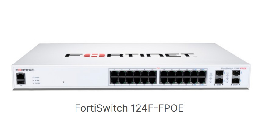 Fortinet FortiSwitch 124F-FPOE 24 port PoE switch ön paneli